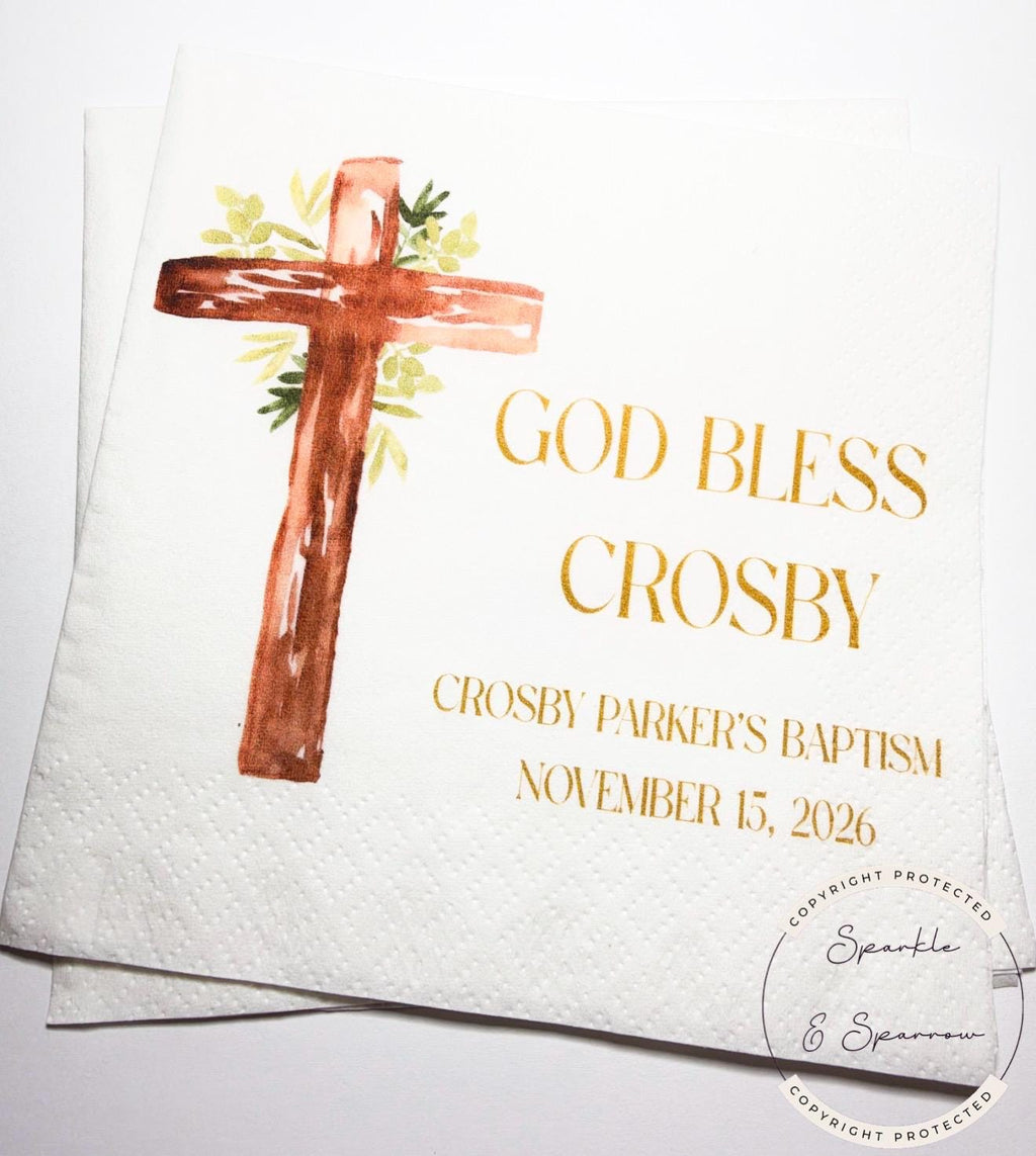 Baptism Napkins Christening Napkins God Bless Green Gold Neutral Baptism Personalized Cocktail, Luncheon or Dinner Napkins Set of 25