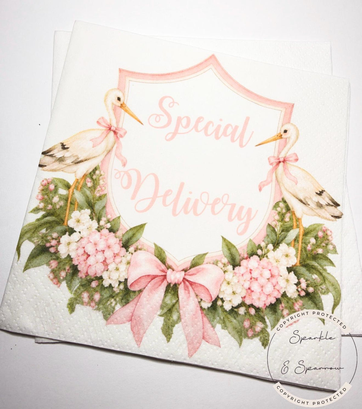 Stork Baby Shower Special Delivery Girl Baby Shower Watercolor Stork Pink Girl Baby Shower Cocktail Napkins, Set of 25