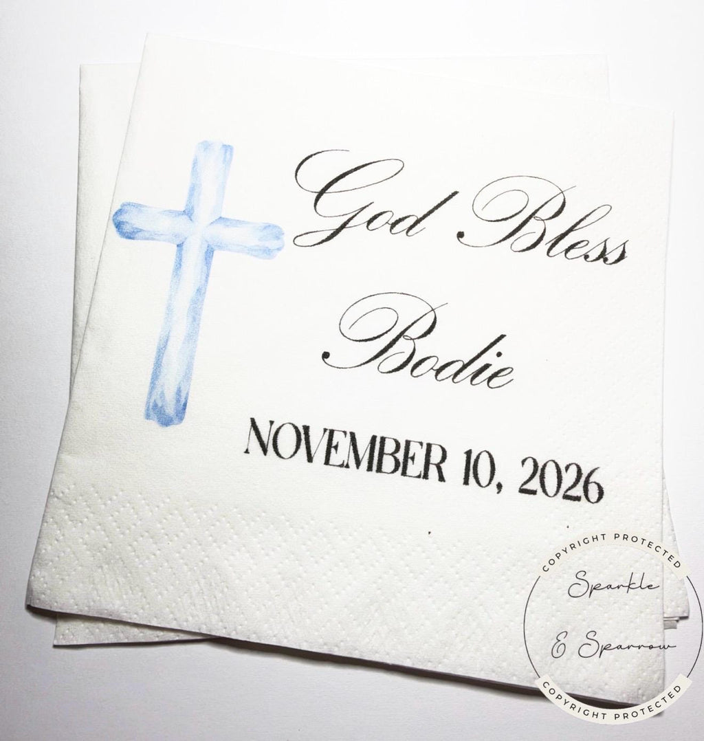 Baptism Napkins Christening Napkins God Bless Dedication Celebration Boy Baptism Personalized Cocktail, Luncheon or Dinner Napkins Set of 25
