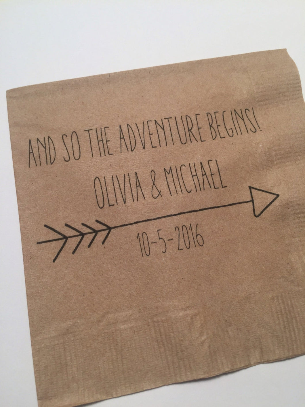 Adventure Begins Bridal Shower Wedding Arrow Personalized Kraft Cocktail or Luncheon Napkins, Set of 25