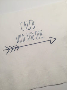 Personalized Navy Ink Wild and One Adventure Begins Birthday  Baby Shower Personalized Beverage Napkin, Set of 25