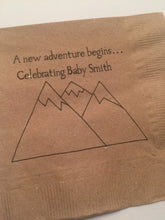Load image into Gallery viewer, Adventure Begins New Adventure Mountain Baby Shower Personalized Kraft Cocktail or Luncheon Napkins, Set of 25
