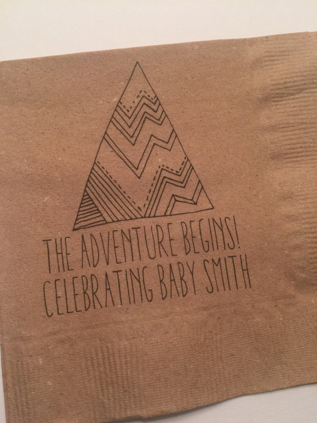 Adventure Begins Greatest Adventure Baby Shower Personalized Arrow Mountain Kraft Cocktail or Luncheon Napkins, Set of 25