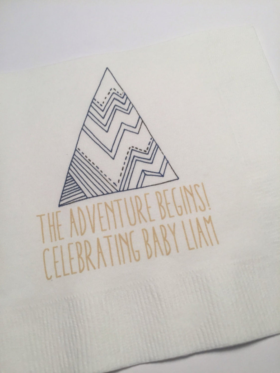 Adventure Begins Greatest Adventure  Baby Shower Personalized Arrow Mountain Navy Gold Cocktail, Luncheon or Dinner Napkins Set of 25