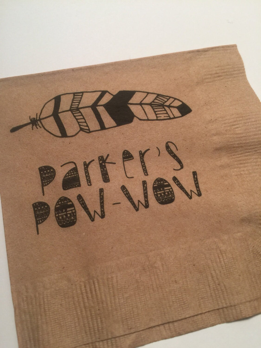 Personalized Boho Feather Kraft Black Pow Wow First Birthday Bohemian Cocktail or Luncheon Napkins, Set of 25