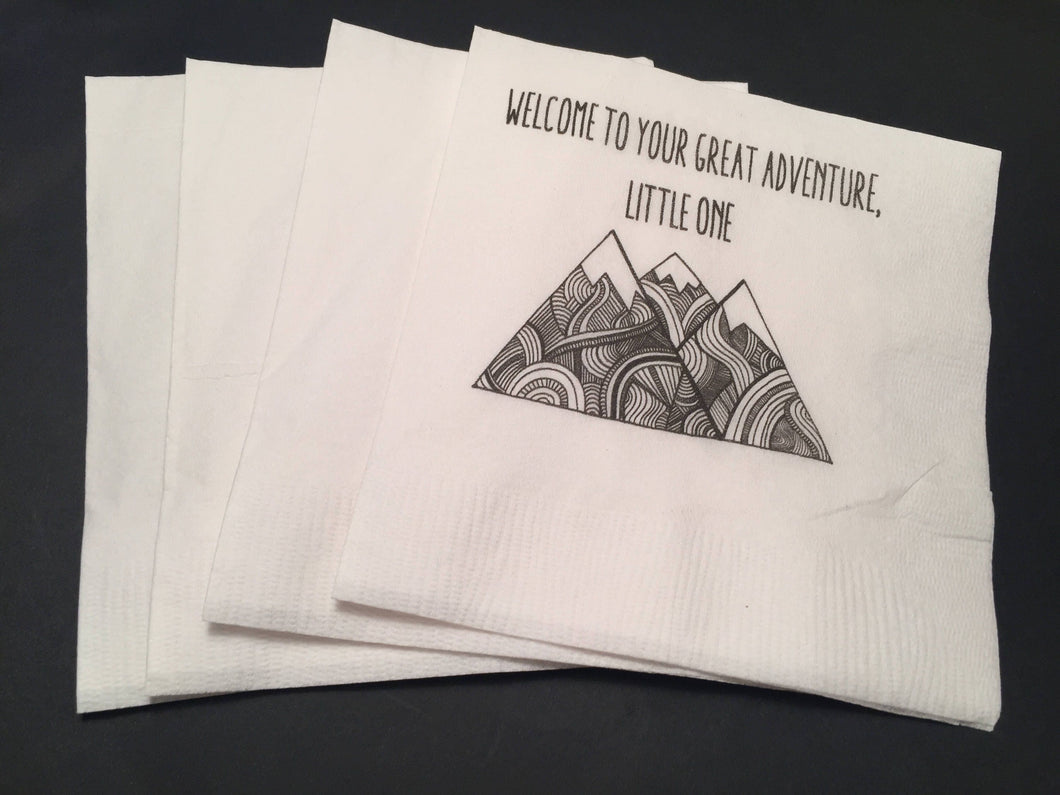 Adventure Begins Greatest Adventure Little One Mountain Baby Shower Cocktail, Luncheon or Dinner Napkins Set of 25