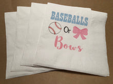 Load image into Gallery viewer, Baseballs or Bows Gender Reveal Baby Shower Blue Pink  Custom Cocktail, Luncheon or Dinner Napkins Set of 25
