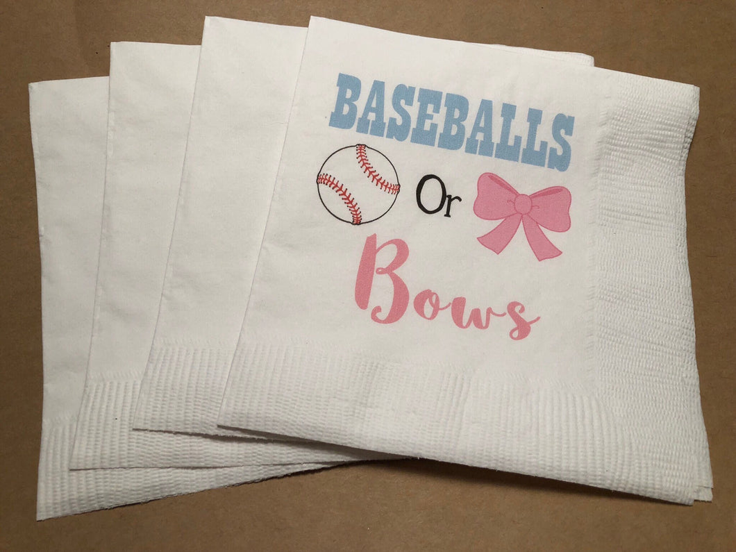 Baseballs or Bows Gender Reveal Baby Shower Blue Pink  Custom Cocktail, Luncheon or Dinner Napkins Set of 25