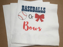 Load image into Gallery viewer, Baseballs or Bows Gender Reveal Baby Shower Navy Red  Custom Cocktail, Luncheon or Dinner Napkins Set of 25
