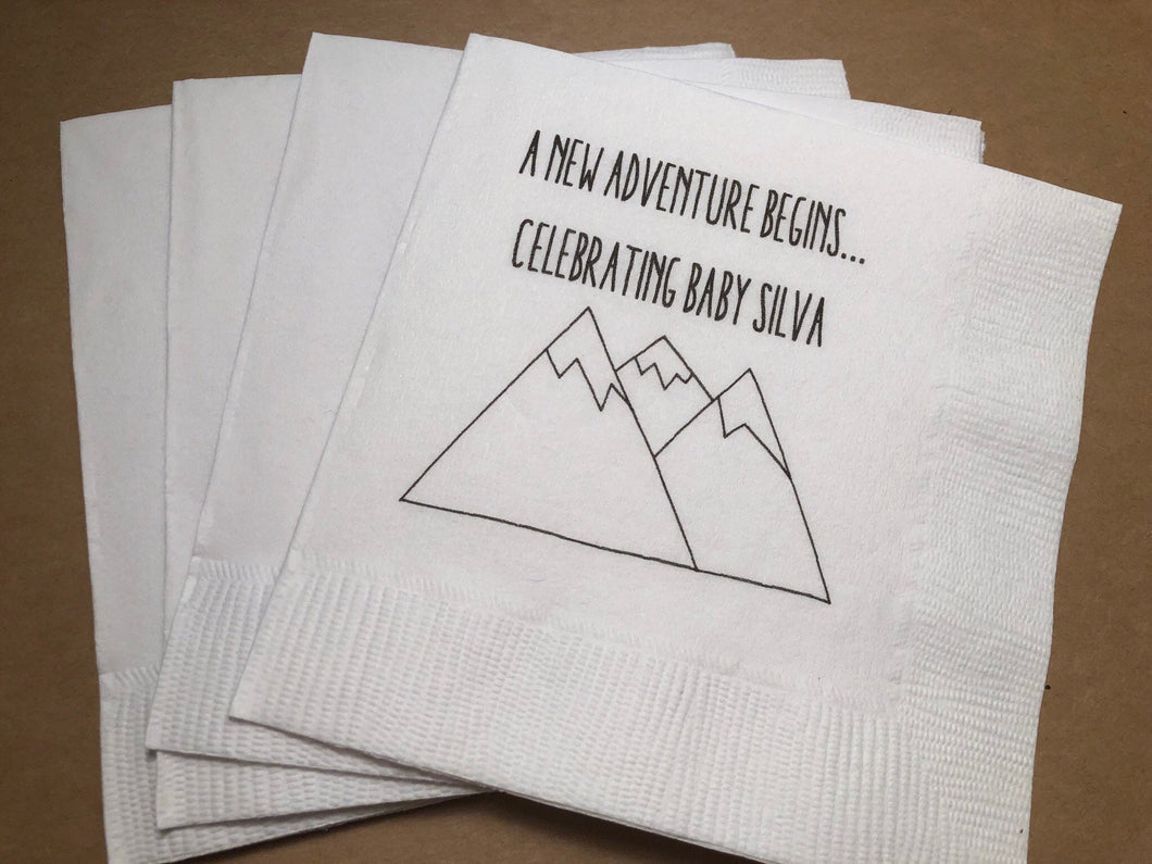 Adventure Begins New Adventure Personalized Baby Shower Mountain Cocktail, Luncheon or Dinner Napkins Set of 25