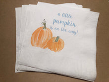 Load image into Gallery viewer, A Little Pumpkin Is On It&#39;s Way Fall Boy Baby Shower Pumpkin Autumn Baby Cocktail, Luncheon or Dinner Napkins Set of 25
