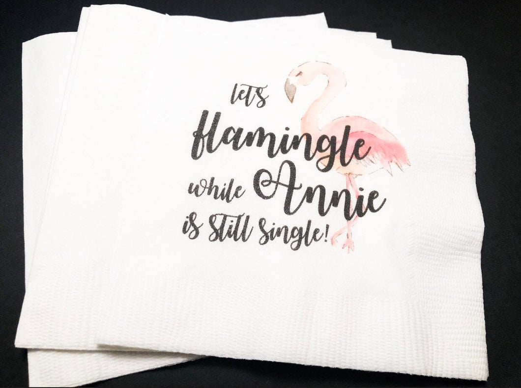 Lets Flamingle While Still Single Bachelorette Final Fling Before the Ring Flamingo Personalized Cocktail or Luncheon Napkins, Set of 25