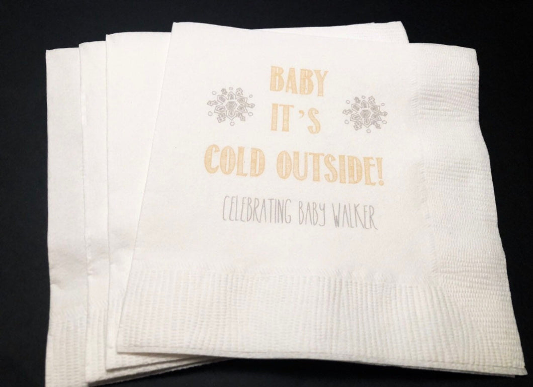 Baby It's Cold Outside Winter Christmas Baby Shower Gold Silver Gray Personalized Cocktail, Luncheon or Dinner Napkins Set of 25