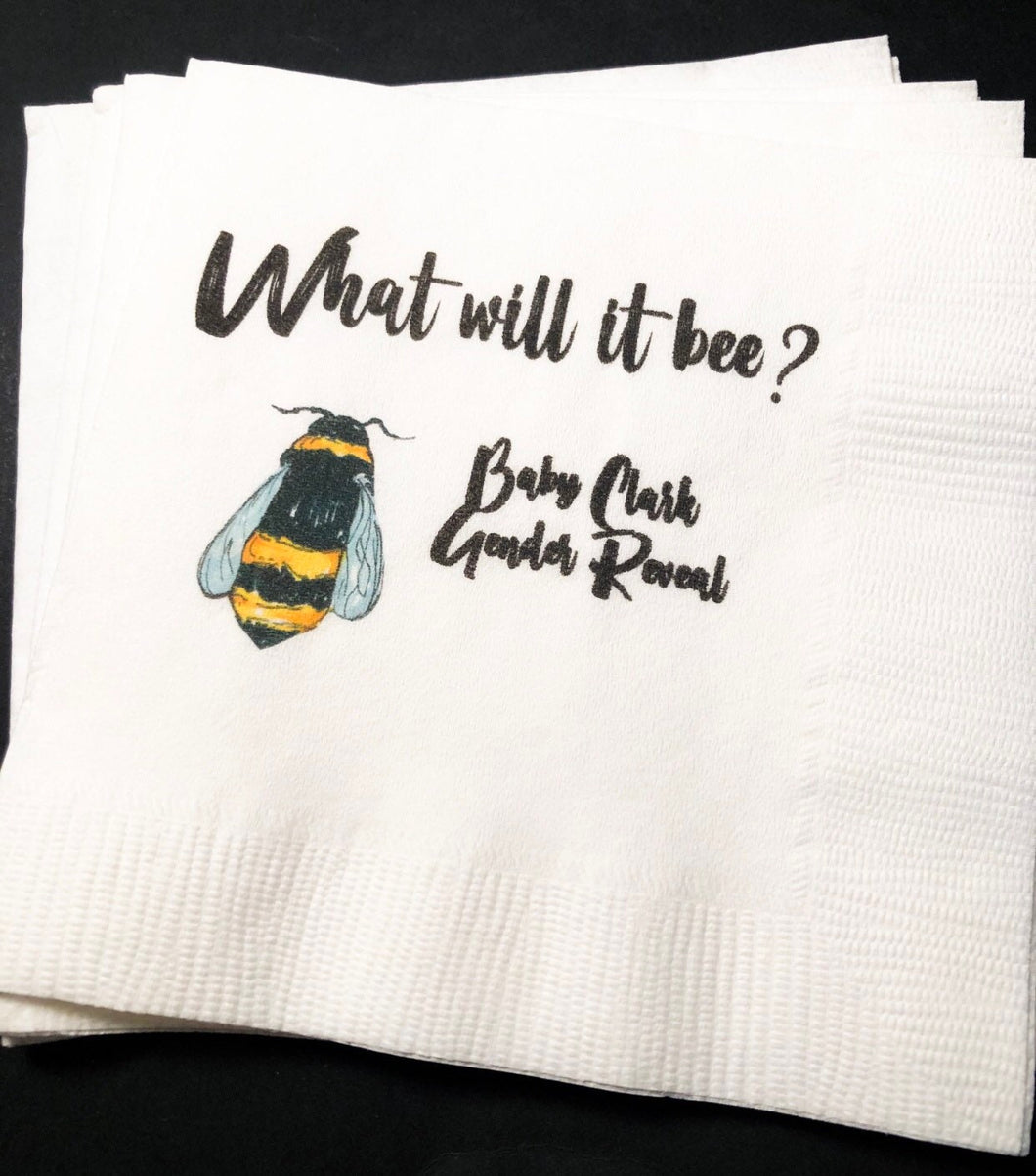 Bee Gender Reveal What Will it Bee Personalized Bee Honey Themed Baby Shower Cocktail, Luncheon or Dinner Napkins Set of 25