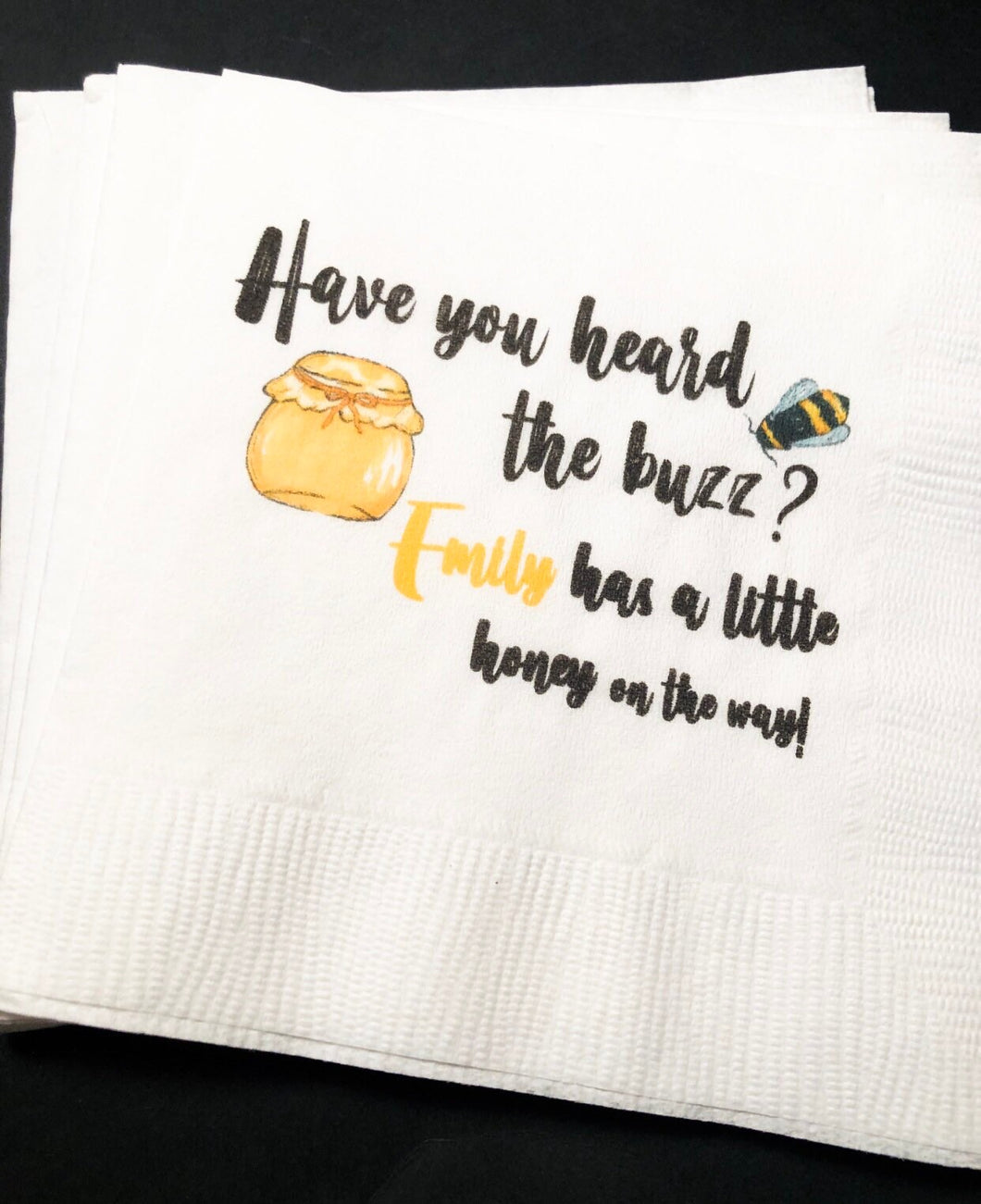 Bee Baby Shower Have you Heard the Buzz A Little Honey on the Way Personalized Cocktail, Luncheon or Dinner Napkins Set of 25