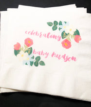 Load image into Gallery viewer, Boho Chic Floral Baby Shower Sweet Shabby Chic Bohemian Floral Personalized Cocktail, Luncheon or Dinner Napkins Set of 25
