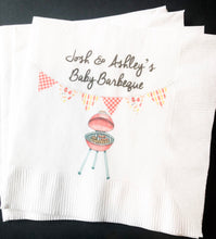 Load image into Gallery viewer, Baby-Q Baby Barbecue Baby Shower Gender Reveal Summer Cookout Personalized Cocktail, Luncheon or Dinner Napkins Set of 25
