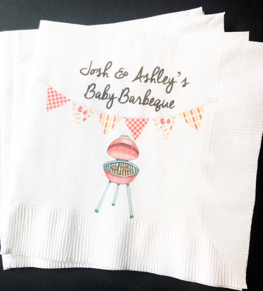 Baby-Q Baby Barbecue Baby Shower Gender Reveal Summer Cookout Personalized Cocktail, Luncheon or Dinner Napkins Set of 25