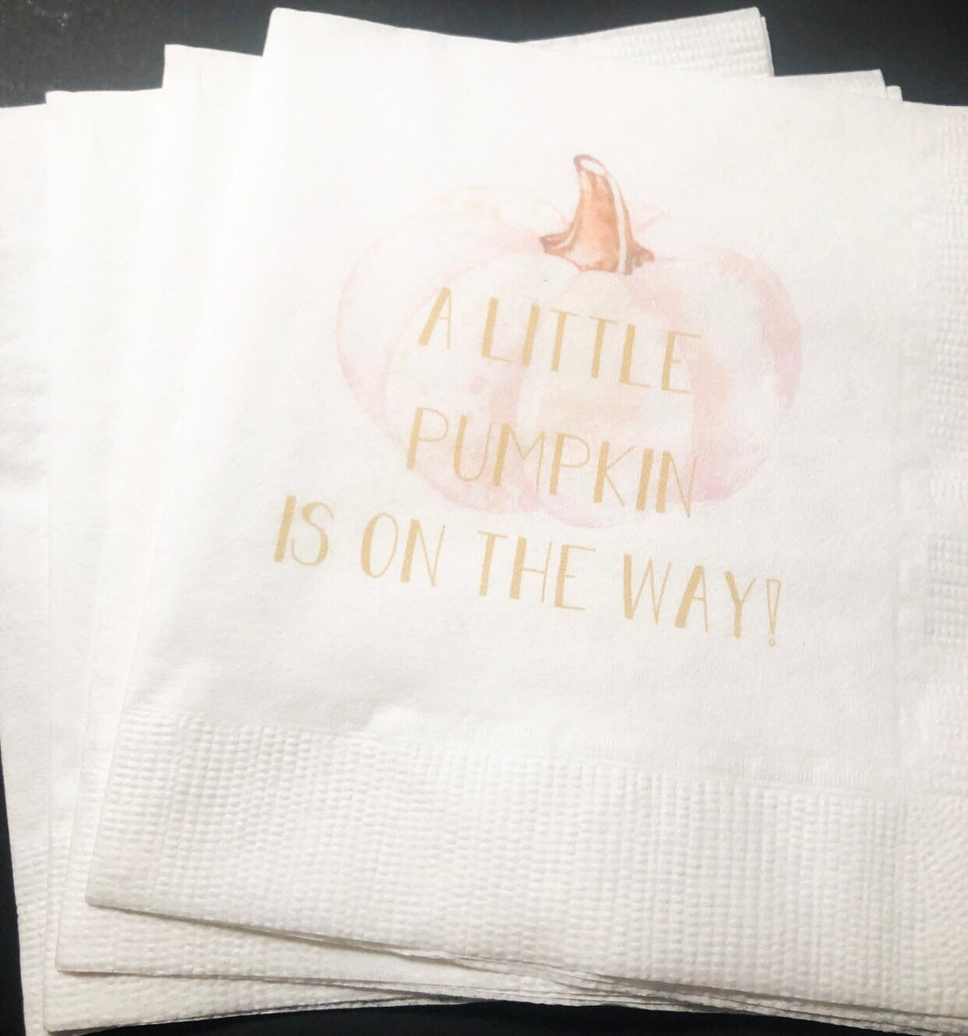 A Little Pumpkin Is On It's Way Girl Fall Baby Shower Pink Pumpkin Gold Personalized Cocktail, Luncheon or Dinner Napkins Set of 25