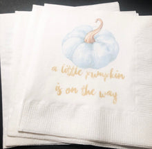 Load image into Gallery viewer, A Little Pumpkin Is On It&#39;s Way Boy Fall Baby Shower Blue Pumpkin Gold Cocktail, Luncheon or Dinner Napkins Set of 25
