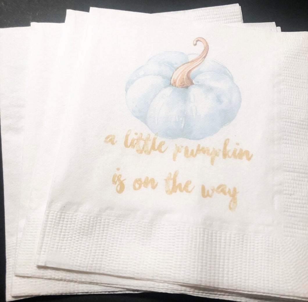 A Little Pumpkin Is On It's Way Boy Fall Baby Shower Blue Pumpkin Gold Cocktail, Luncheon or Dinner Napkins Set of 25