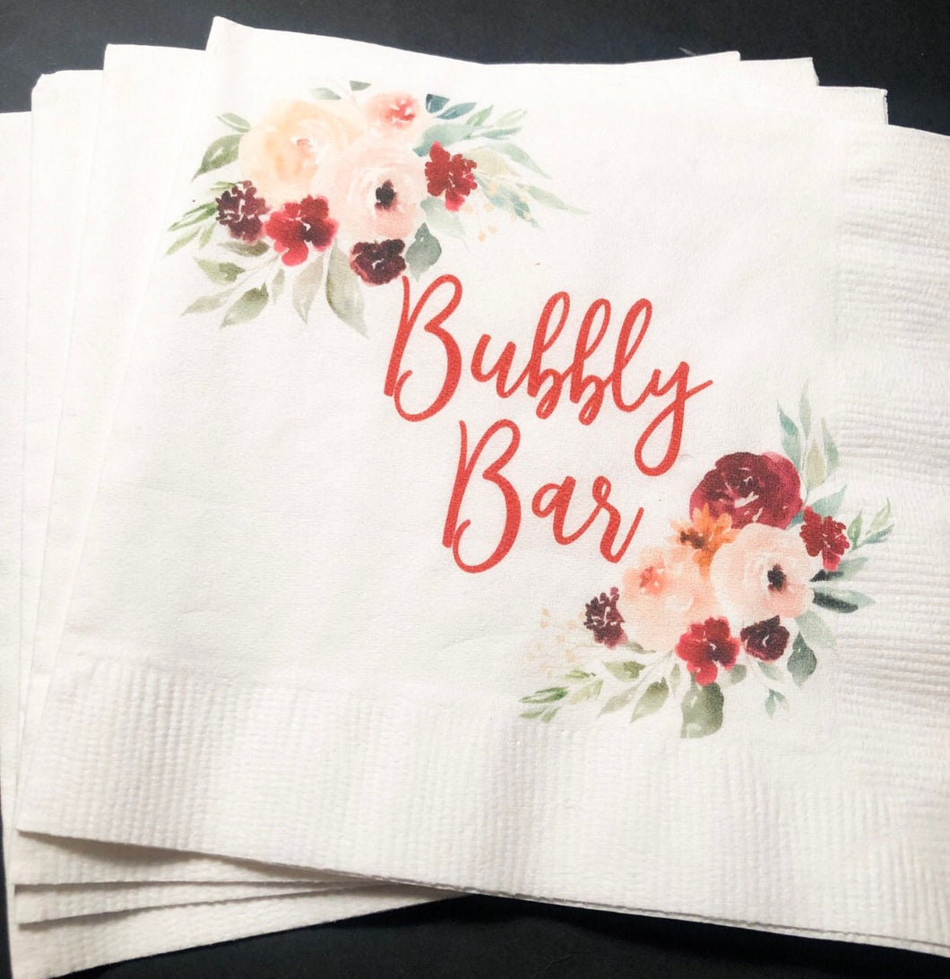 Bubbly Bar Spring Bridal Shower Spring Wedding Bubbly Bar Autumn Floral Personalized Cocktail, Luncheon or Dinner Napkins Set of 25