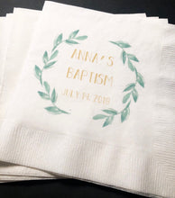 Load image into Gallery viewer, Baptism Gold Green Baptism Christening Party Personalized Cocktail, Luncheon or Dinner Napkins Set of 25
