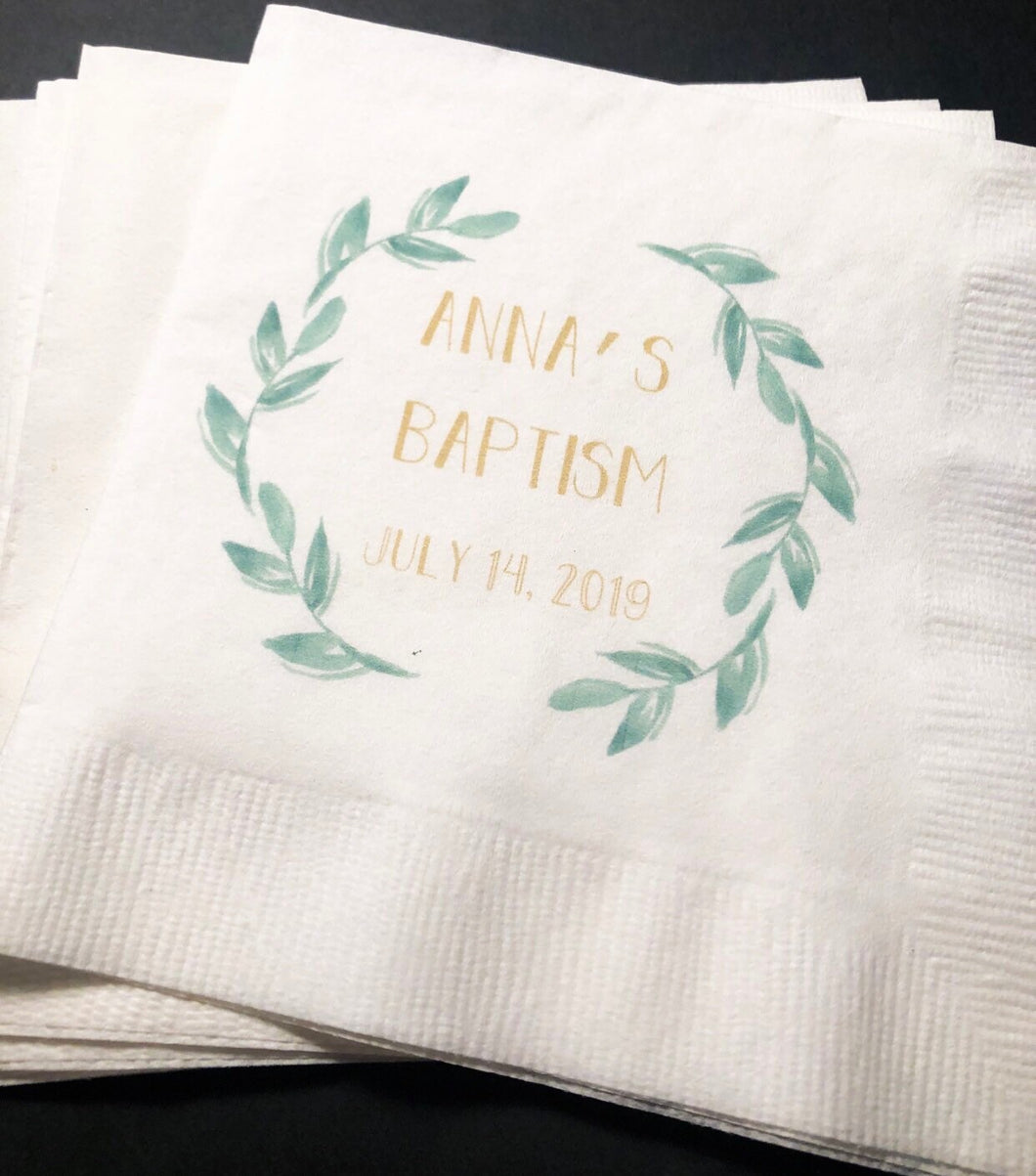 Baptism Gold Green Baptism Christening Party Personalized Cocktail, Luncheon or Dinner Napkins Set of 25