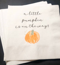 Load image into Gallery viewer, A Little Pumpkin is on the Way Fall Baby Shower Pumpkin Baby Shower Orange Pumpkin Neutral Cocktail, Luncheon or Dinner Napkins Set of 25
