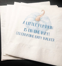 Load image into Gallery viewer, A Little Pumpkin Is On It&#39;s Way Boy Fall Baby Shower Blue Pumpkin Personalized Cocktail, Luncheon or Dinner Napkins Set of 25
