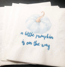 Load image into Gallery viewer, A Little Pumpkin Is On It&#39;s Way Boy Fall Baby Shower Blue Pumpkin Cocktail, Luncheon or Dinner Napkins Set of 25
