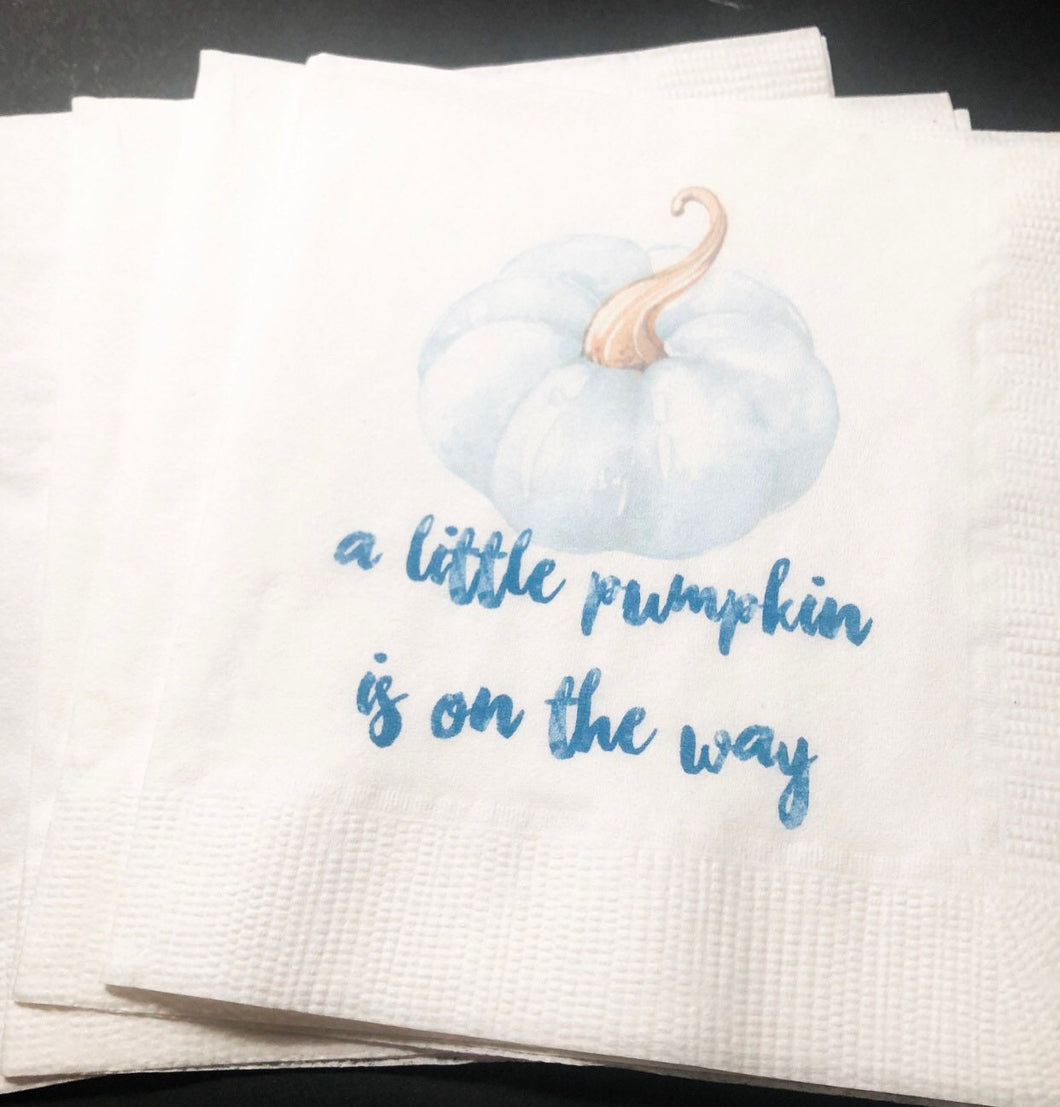 A Little Pumpkin Is On It's Way Boy Fall Baby Shower Blue Pumpkin Cocktail, Luncheon or Dinner Napkins Set of 25