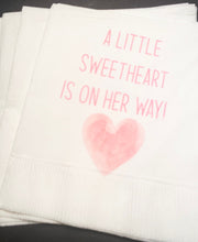 Load image into Gallery viewer, A Little Sweetheart is on Her Way Baby Shower Heart Valentines Girl Baby Shower Cocktail, Luncheon or Dinner Napkins Set of 25
