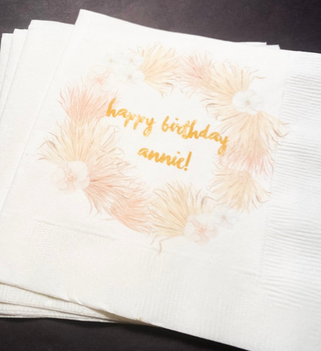 Boho Chic Birthday Neutral Gold Bohemian Floral Personalized Cocktail, Luncheon or Dinner Napkins Set of 25