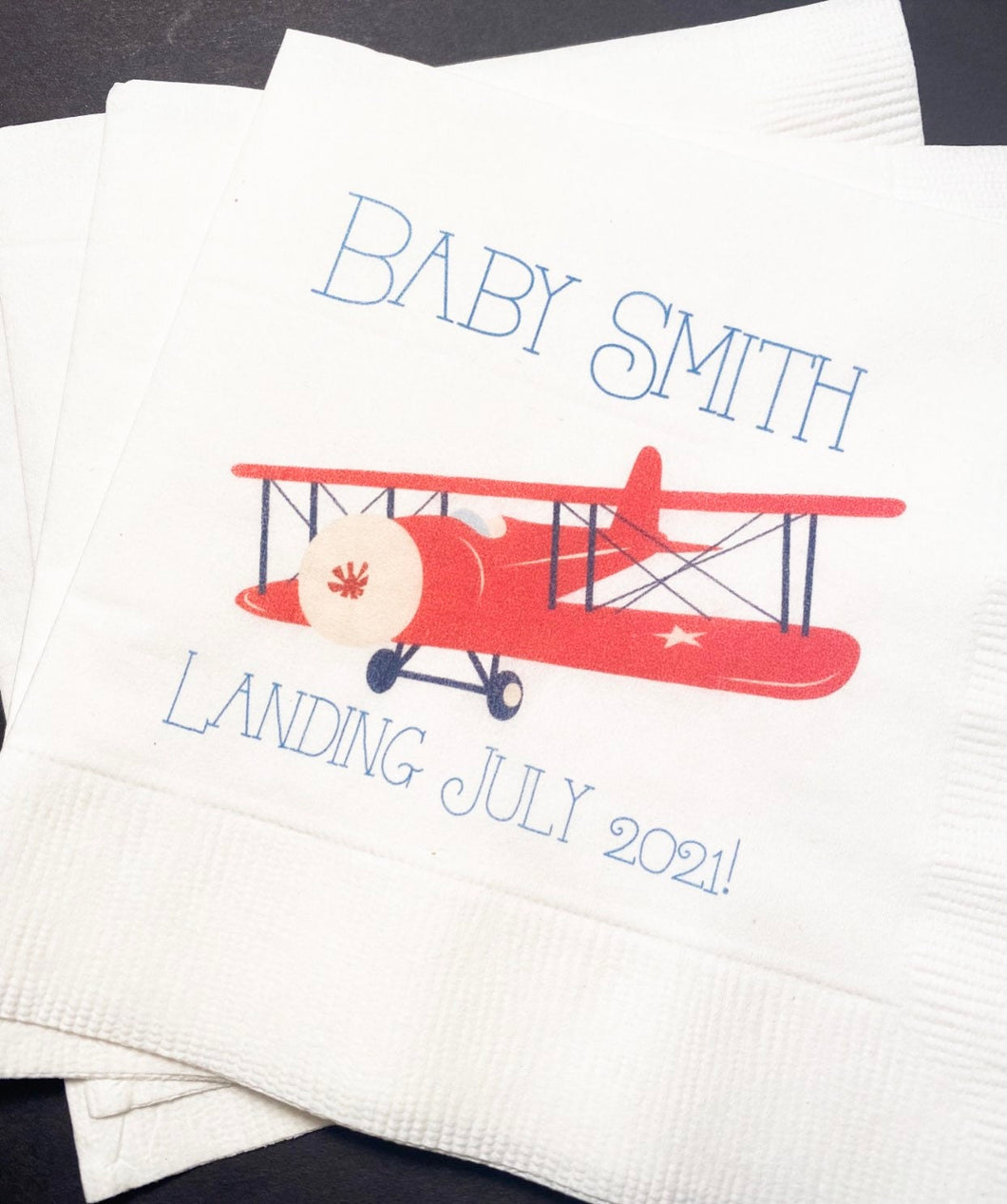 Airplane Baby Shower Baby Landing Personalized Cocktail, Luncheon or Dinner Napkins Set of 25