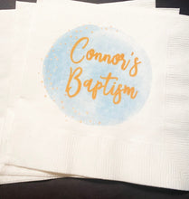 Load image into Gallery viewer, Baptism Boy Baptism Christening Party Personalized Blue Gold Cocktail, Luncheon or Dinner Napkins Set of 25
