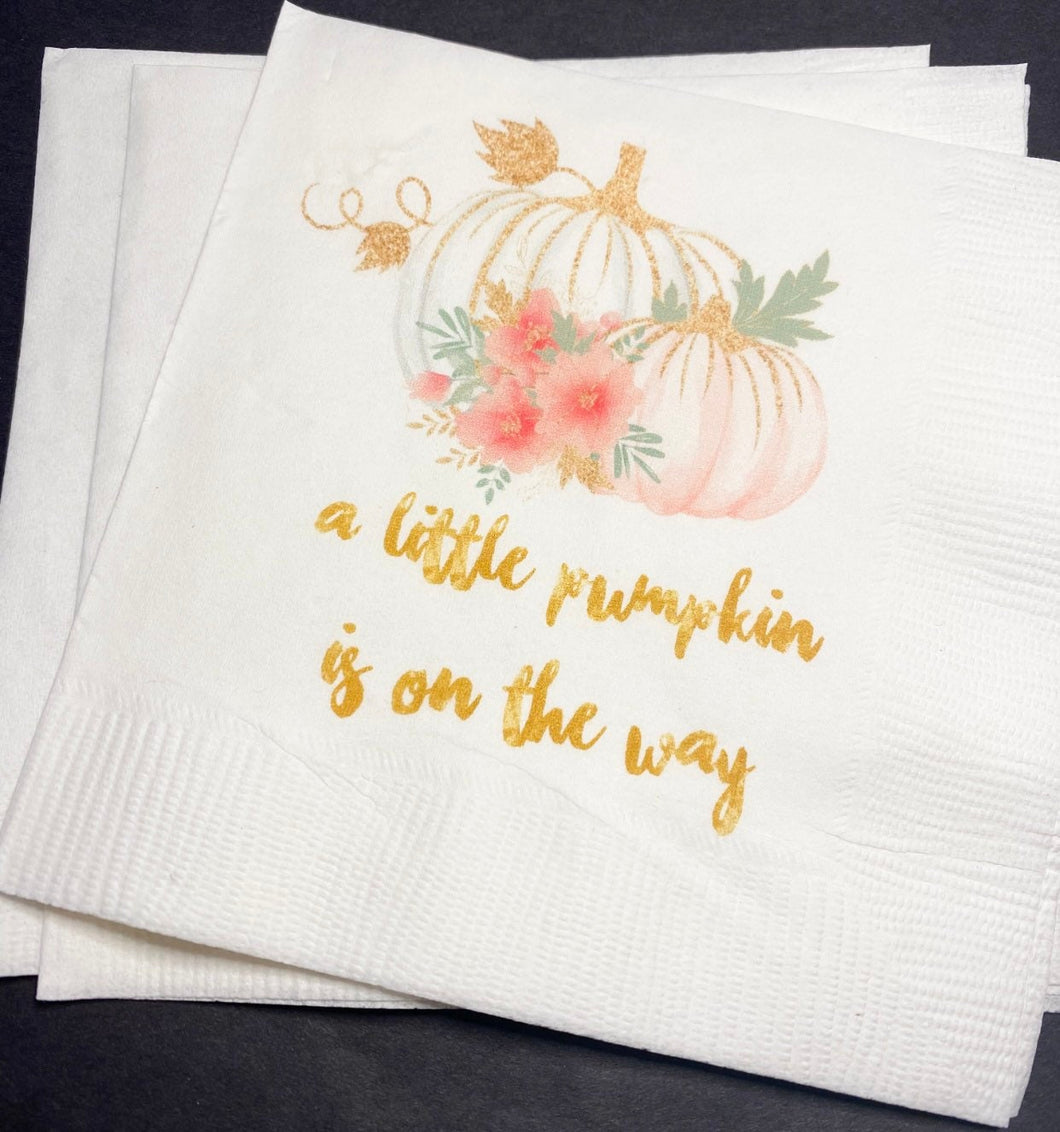 A Little Pumpkin Is On It's Way Girl Fall Baby Shower Pink Pumpkin Gold Cocktail, Luncheon or Dinner Napkins Set of 25