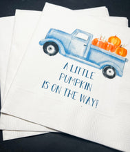 Load image into Gallery viewer, A Little Pumpkin Is On It&#39;s Way Blue Truck Fall Boy Baby Shower Pumpkin Autumn Baby Cocktail, Luncheon or Dinner Napkins Set of 25
