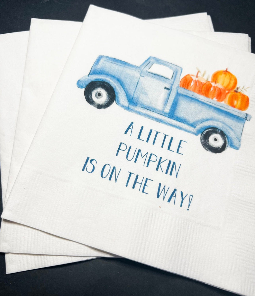 A Little Pumpkin Is On It's Way Blue Truck Fall Boy Baby Shower Pumpkin Autumn Baby Cocktail, Luncheon or Dinner Napkins Set of 25