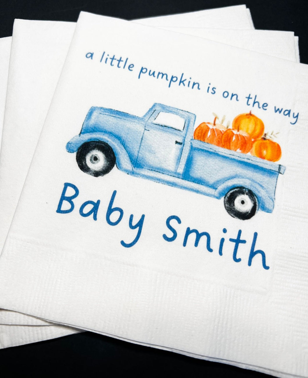 A Little Pumpkin Is On It's Way Blue Truck Fall Boy Baby Shower Pumpkin Autumn Baby Personalized Cocktail or Luncheon Napkins, Set of 25