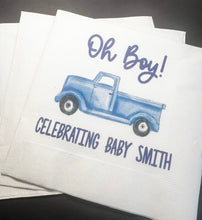 Load image into Gallery viewer, Blue Truck Baby Shower Oh Boy Fall Winter Christmas Baby Shower Personalized Cocktail, Luncheon or Dinner Napkins Set of 25
