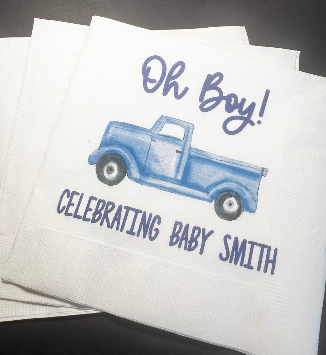 Blue Truck Baby Shower Oh Boy Fall Winter Christmas Baby Shower Personalized Cocktail, Luncheon or Dinner Napkins Set of 25