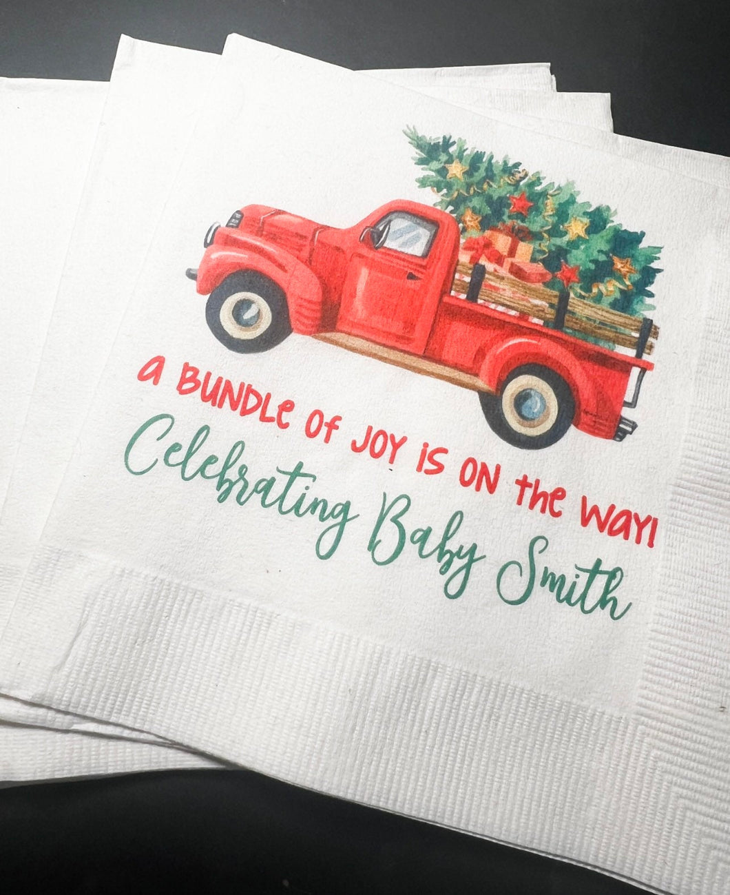 Bundle of Joy is on the Way Red Truck Winter Christmas Tree December Baby Shower Personalized Cocktail, Luncheon or Dinner Napkins Set of 25