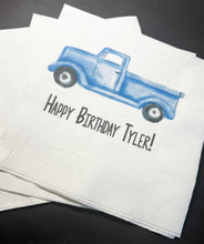Load image into Gallery viewer, Blue Truck Birthday Animal Party Truck Theme Personalized Cocktail, Luncheon or Dinner Napkins Set of 25
