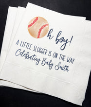Load image into Gallery viewer, Baseball Oh Boy Baby Shower Little Slugger on the Way Personalized Cocktail or Luncheon Napkins, Set of 25
