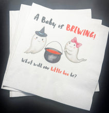 Load image into Gallery viewer, Baby is Brewing What Will Our Little Boo Be Halloween Gender Reveal Cocktail, Luncheon or Dinner Napkins Set of 25
