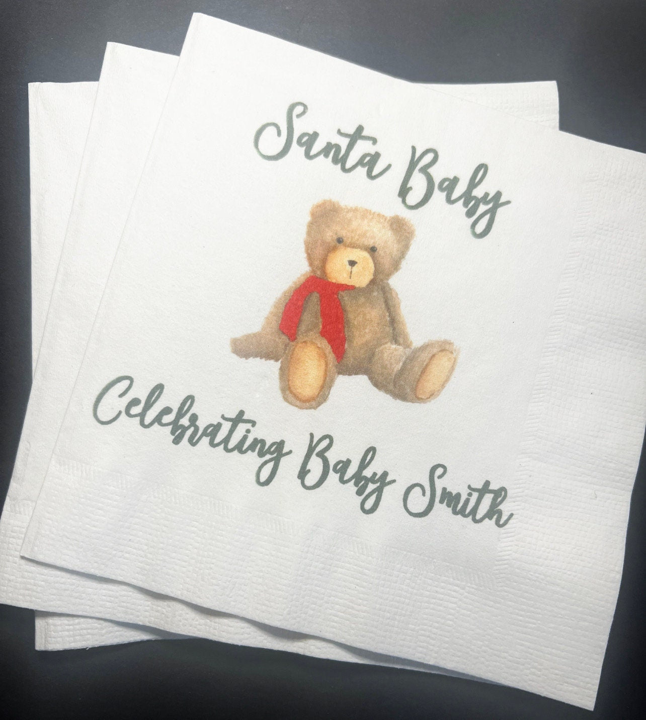 Teddy Bear Baby Shower Santa Baby Red Bow Christmas Bear Baby Shower Personalized Cocktail, Luncheon or Dinner Napkins Set of 25