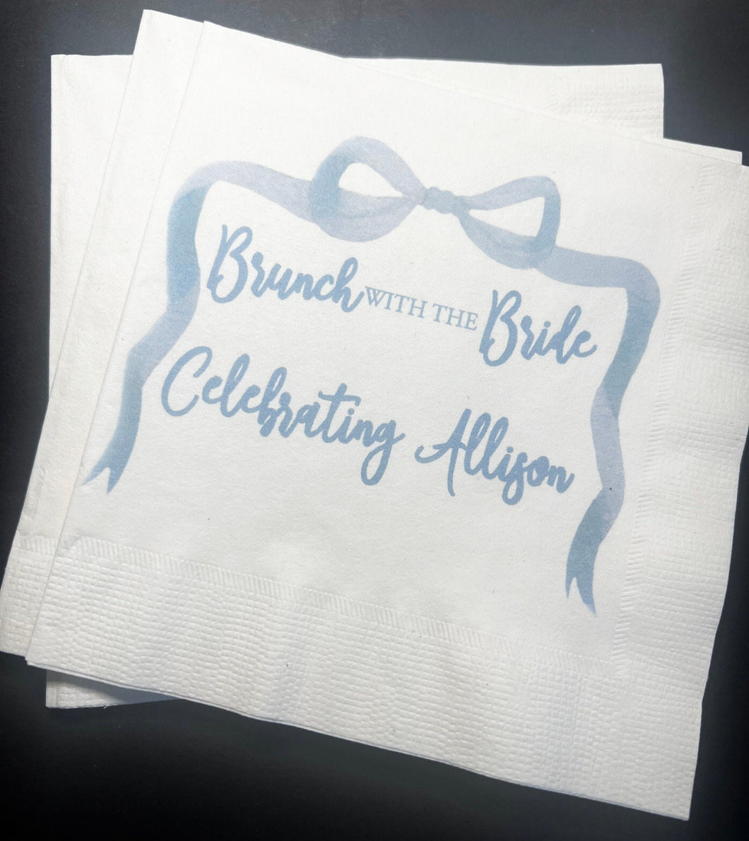 Blue Bow Bridal Shower Brunch with the Bride Personalized Cocktail, Luncheon or Dinner Napkins Set of 25