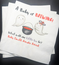 Load image into Gallery viewer, Baby is Brewing What Will Our Little Boo Be Halloween Gender Reveal Personalized Cocktail, Luncheon or Dinner Napkins Set of 25
