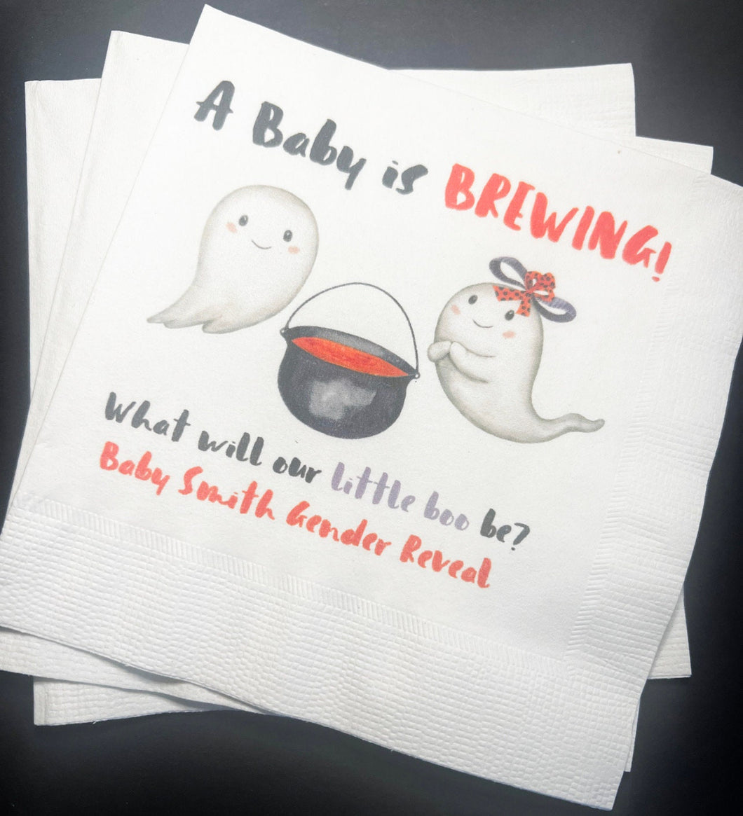 Baby is Brewing What Will Our Little Boo Be Halloween Gender Reveal Personalized Cocktail, Luncheon or Dinner Napkins Set of 25